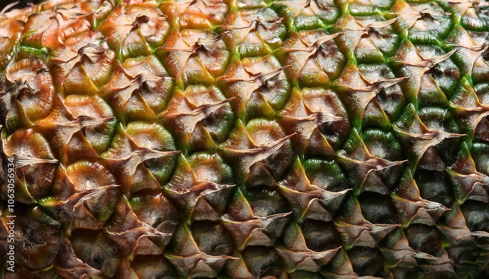 Close-Up of Pineapple Skin Texture with Detailed Green, Yellow, and Orange Patterns. Perfect for Backgrounds, Nature Themed Designs, Food Industry Branding, and Organic Packaging Concepts