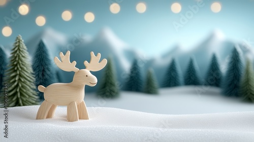 Charming wooden reindeer in snowy winter wonderland, festive holiday decoration photo