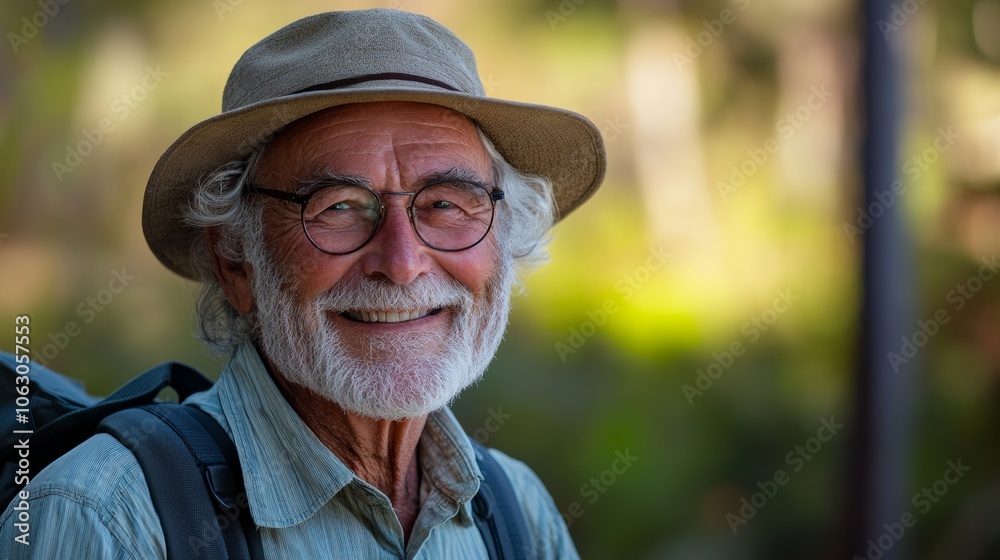 Man with a hat and glasses is smiling. He is wearing a backpack and a shirt. Concept of happiness and contentment Man with a hat and glasses is smiling. He is wearing a backpack and a shirt. Concept of happiness and contentment