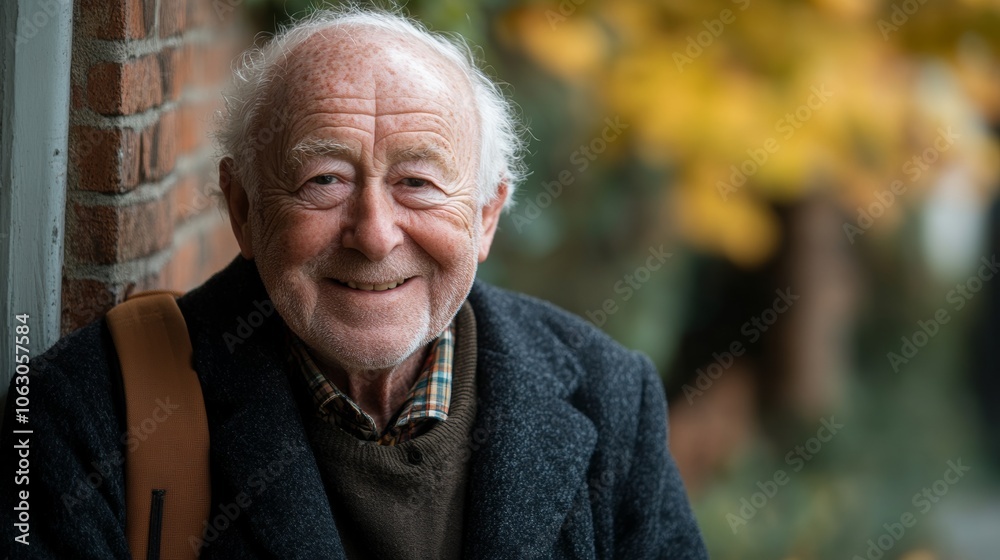 Man with a beard and gray hair is smiling and wearing a black coat. He is holding a brown bag Man with a beard and gray hair is smiling and wearing a black coat. He is holding a brown bag