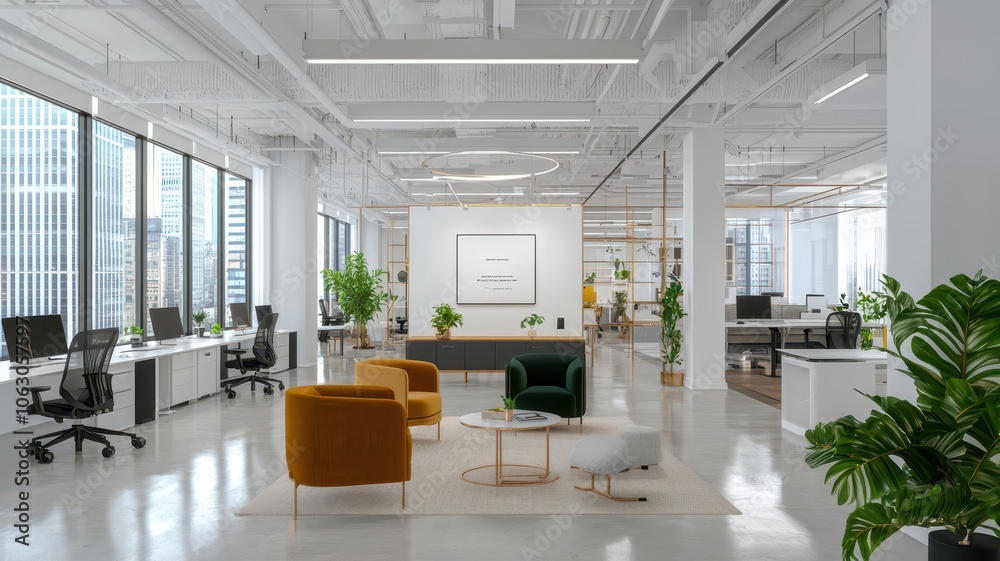 Open office interior with large white wall, perfect for collaborative work and creative brainstorming sessions. Open office interior with large white wall, perfect for collaborative work and creative brainstorming sessions.