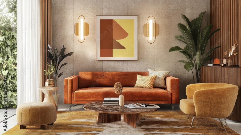 A cozy mid-century modern living room with a warm color palette, A cozy mid-century modern living room with a warm color palette,