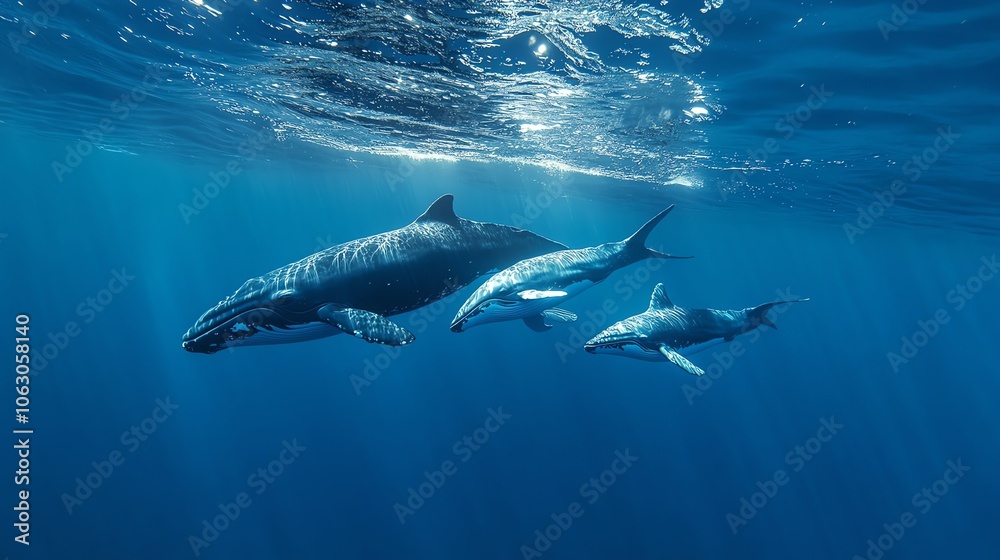 Fototapeta premium A humpback whale swims near a school of fish.