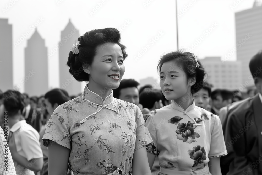 Two women dressed in traditional attire walk together in a bustling city during a cultural event on a clear day Two women dressed in traditional attire walk together in a bustling city during a cultural event on a clear day