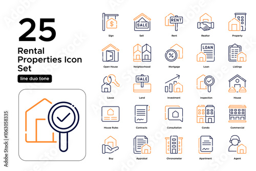 Rental Properties Line Duo Tone Icon Set: Leasing Opportunities, Tenant Services, and Rentals Icons
