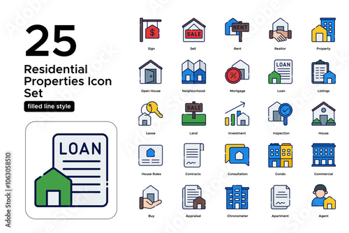 Residential Properties Filled Line Icon Set: Homes, Apartment Complexes, and Residential Listings Icons