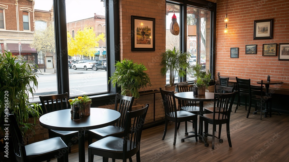 Fototapeta premium Cozy Coffee Shop Interior with Brick Wall Design