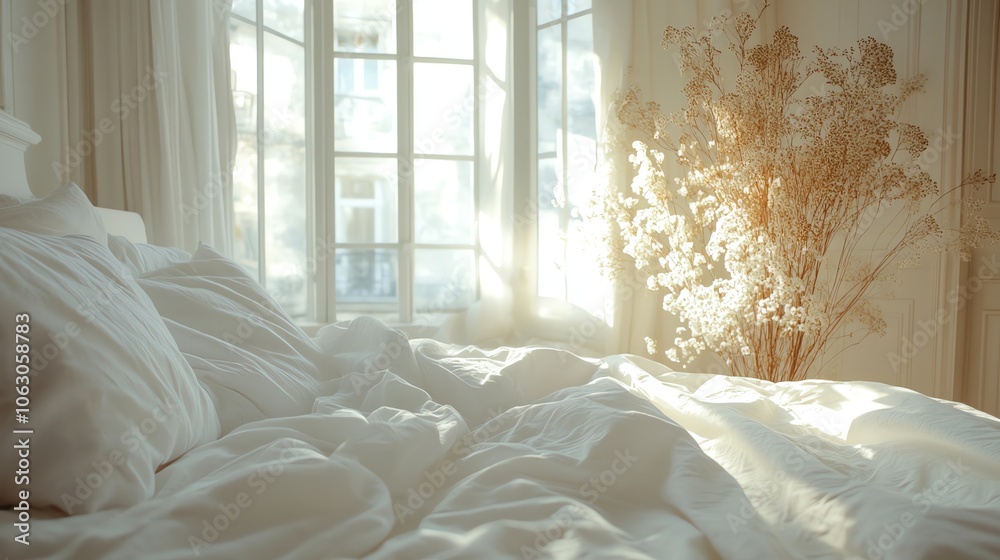 A cozy bedroom with a white bed and white curtains, bathed in sunlight streaming through the window.
