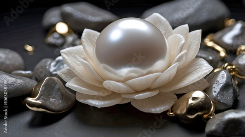 Radiant Pearl Nestled in Delicate Ivory Petals Surrounded by Polished Stones and Gold Accents Creating a Scene of Natural Elegance