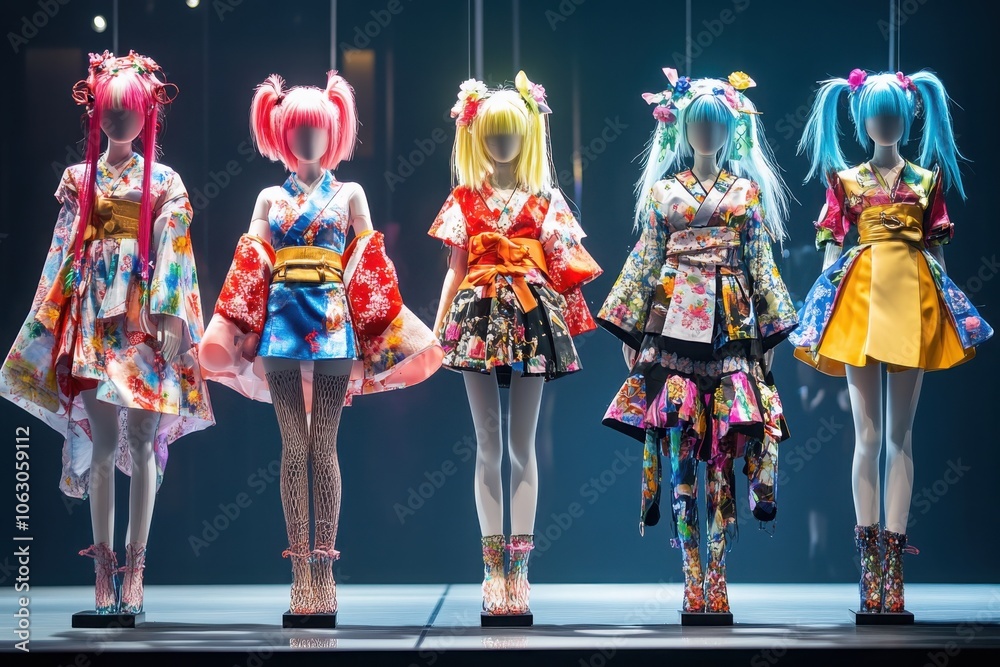 Naklejka premium Dynamic anime fashion show a runway of trendy and vibrant outfits celebrating culture and style