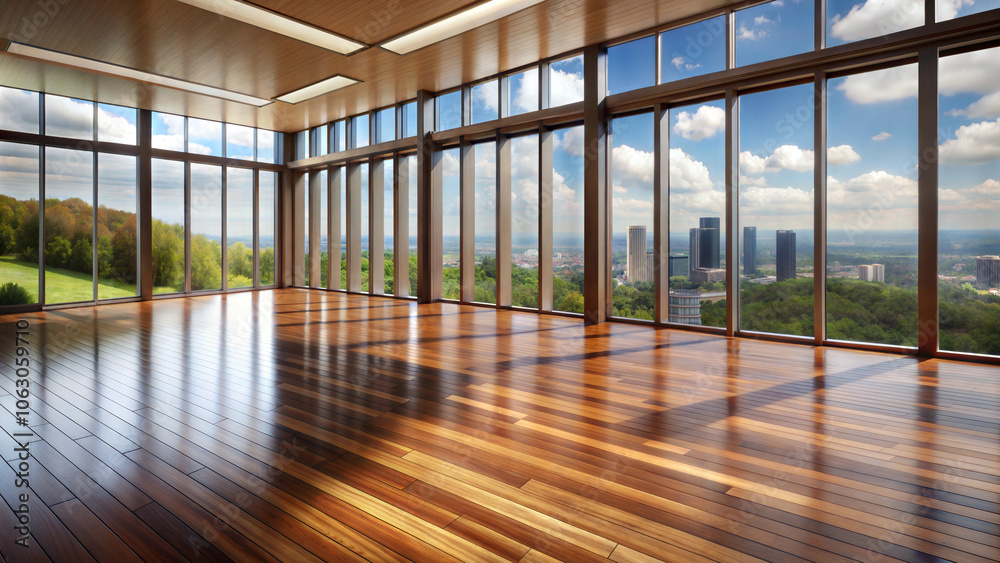 Large empty room with polished wooden floor and panoramic windows overlooking the city Large empty room with polished wooden floor and panoramic windows overlooking the city