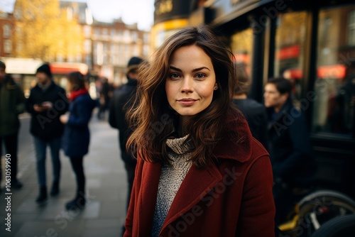 Beautiful young woman in a red coat on the street of London.