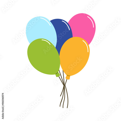 Air balloons bunch with string. Festive multicolored baloon bundle. Inflatable helium balls flying up. Holiday decoration. Birthday decor. Colored flat vector illustration isolated on white background