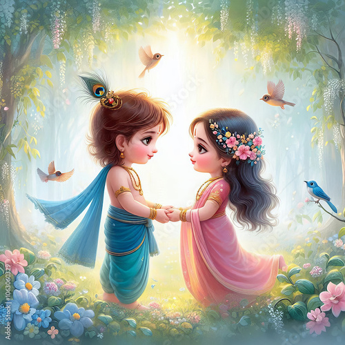 little Krishna and Radha holding hands in the forest