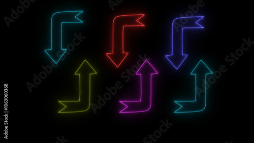 Glowing neon line icon. down and up arrow isolated on black background