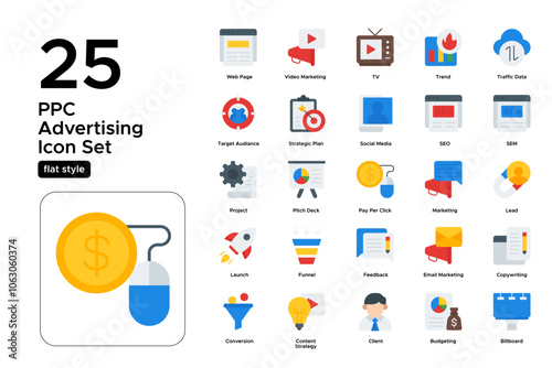 PPC Advertising Flat Icon Set: Targeted Ads, Cost Per Click, and Ad Management Icons