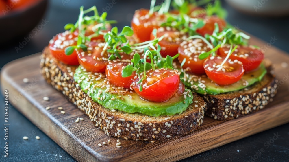 A delicious avocado toast topped with cherry tomatoes A delicious avocado toast topped with cherry tomatoes