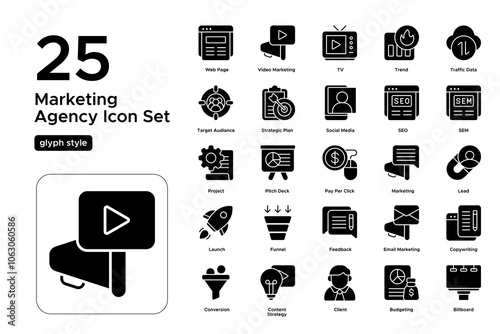 Marketing Agency Glyph Icon Set: Brand Promotion, Digital Media, and Client Services Icons