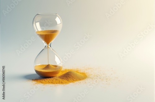 Glass hourglass with golden sand slowly falling, symbolizing the passage of time, patience, and reflection