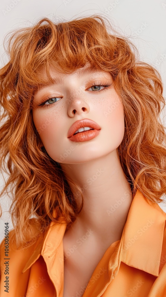 A woman with red hair and orange shirt A woman with red hair and orange shirt