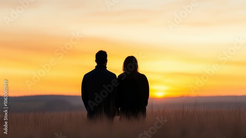 Loving partners enjoying a peaceful moment together and cherishing the quiet beauty of their connection as they watch the sunset in a serene natural landscape