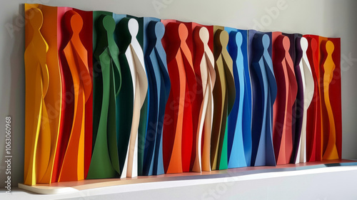 Colorful abstract sculpture of standing figures in modern art display. International woman day concept photo