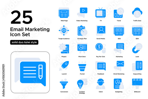 Email Marketing Solid Duo Tone Icon Set: Newsletter Promotions, Customer Outreach, and Engagement Icons