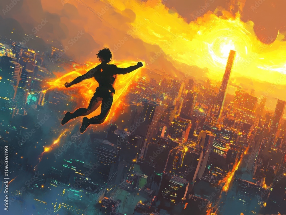 Naklejka premium Anime superhero soaring above a vibrant cityscape with a radiant glowing aura at sunset