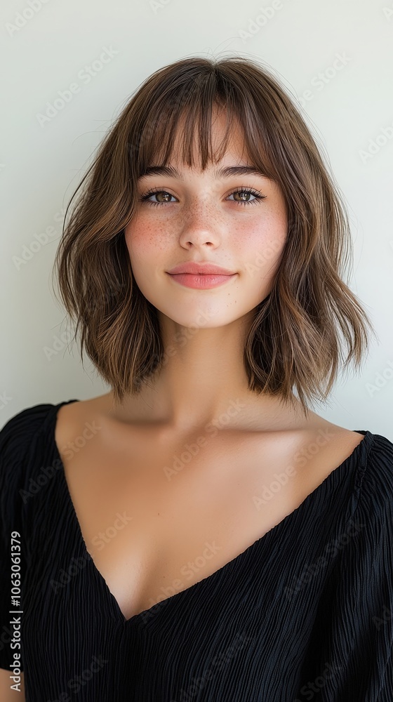 A woman with short brown hair and a black dress A woman with short brown hair and a black dress