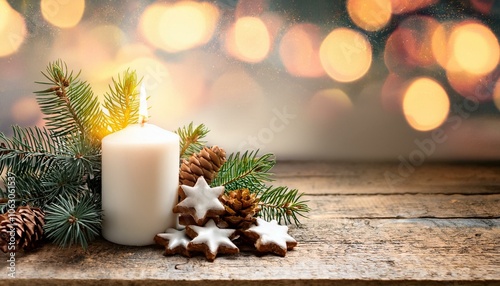 White Christmas candle on rustic wooden boards - Decoration with natural elements, twigs, pine cones and cookies - First Advent Sunday , Advent banner, panorama with magic bokeh lihgts photo