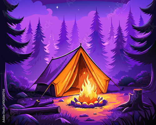 camper tent and forest, bold negative color illustration style