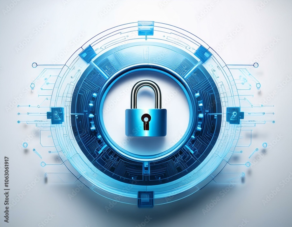 Fototapeta premium Blue lock symbol within a digital security circle on a white background, perfect for technology and cybersecurity-themed designs.