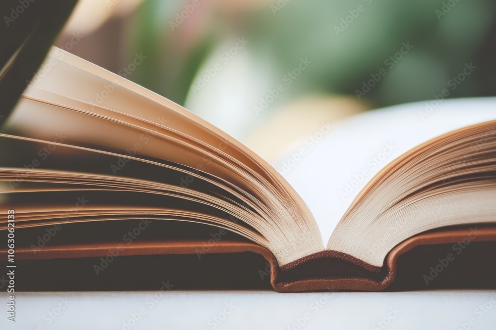 Fototapeta premium An open book resting on a surface displays its well-bound pages, signifying knowledge, exploration, and learning, captured with a soft focus and lighting.