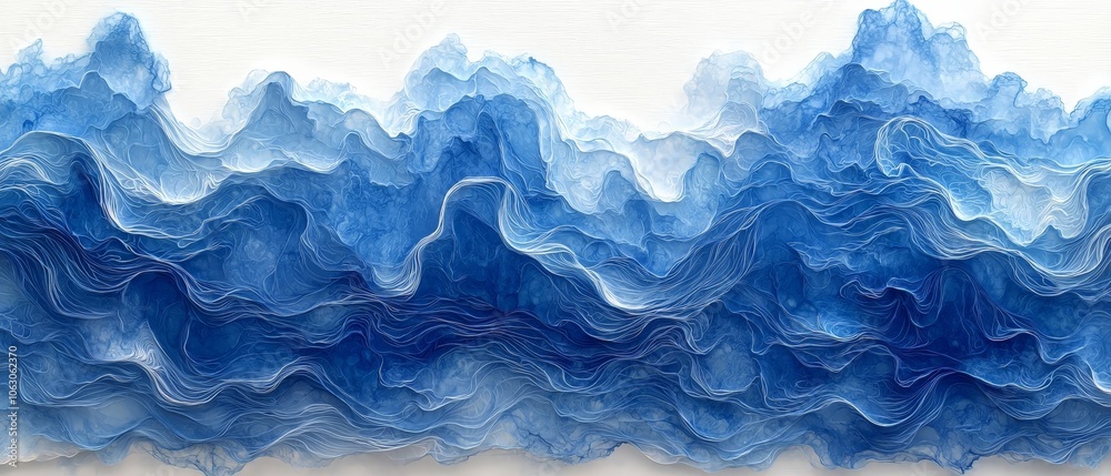 Abstract artwork depicting layered waves in varying shades of blue. Abstract artwork depicting layered waves in varying shades of blue.