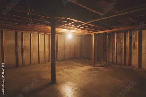 A cozy, unfinished basement with wooden beams, walls partially covered, and a solitary bulb casting a warm glow throughout, creating an inviting yet raw feel. photo