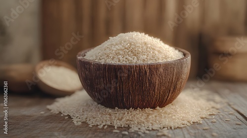 Organic rice in a rustic bowl, with grains spilling slightly around it for an inviting look