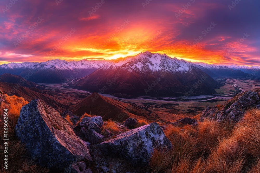 Obraz premium Stunning view of mountain peaks with a vibrant sunset sky, rocky foreground, and sweeping landscapes, capturing nature's majesty in a breathtaking scene.