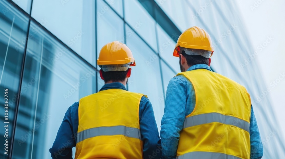Highly skilled construction workers meticulously installing large glass windows on the facade of a cutting edge state of the art office building Highly skilled construction workers meticulously installing large glass windows on the facade of a cutting edge state of the art office building