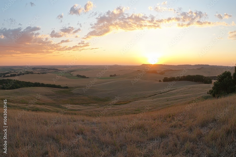 The horizon glows brilliantly at sunrise, casting golden light over the endless plains and fields, as scattered clouds drift across the gently waking sky. The horizon glows brilliantly at sunrise, casting golden light over the endless plains and fields, as scattered clouds drift across the gently waking sky.