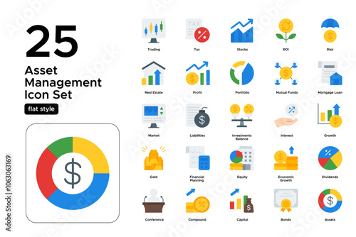 Asset Management Flat Icon Set: Portfolio Management, Investment Planning, and Wealth Assets Icons