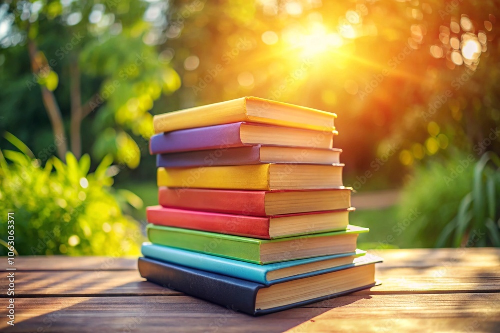 A stack of books is sitting on a wooden table in a park A stack of books is sitting on a wooden table in a park