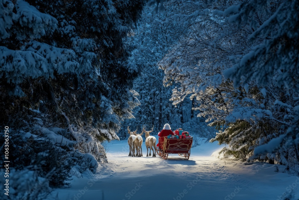 Naklejka premium Santa Claus rides his sleigh with reindeer through a snowy forest, surrounded by tall trees under the twilight sky, embodying the magic of Christmas Eve.