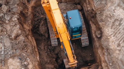 Heavy construction equipment like excavators digging and excavating the foundations for a new multi story office building in an urban development site with a deep depth of field showcasing the scale photo