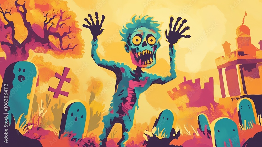 A cartoon zombie with large eyes and a big smile, surrounded by tombstones and a ghost in a spooky Halloween graveyard. A cartoon zombie with large eyes and a big smile, surrounded by tombstones and a ghost in a spooky Halloween graveyard.