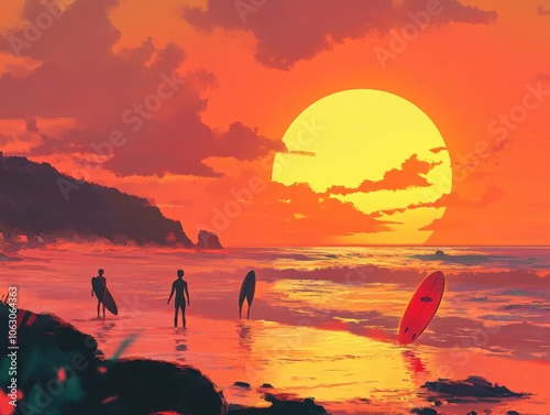 Animestyle sunset beach scene with characters surfing amidst vibrant waves and golden skies photo