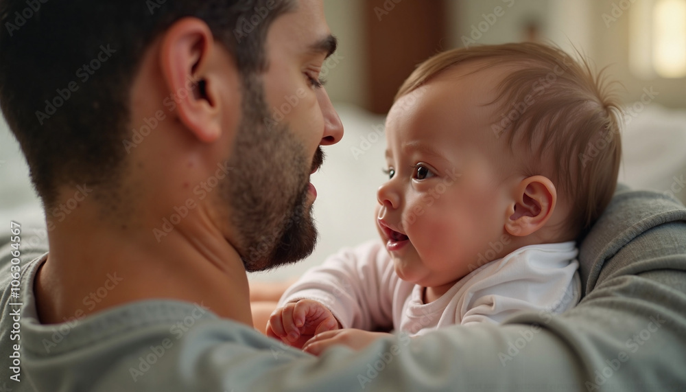 A joyful father embraces his baby in a cozy moment of love on Father's Day morning A joyful father embraces his baby in a cozy moment of love on Father's Day morning