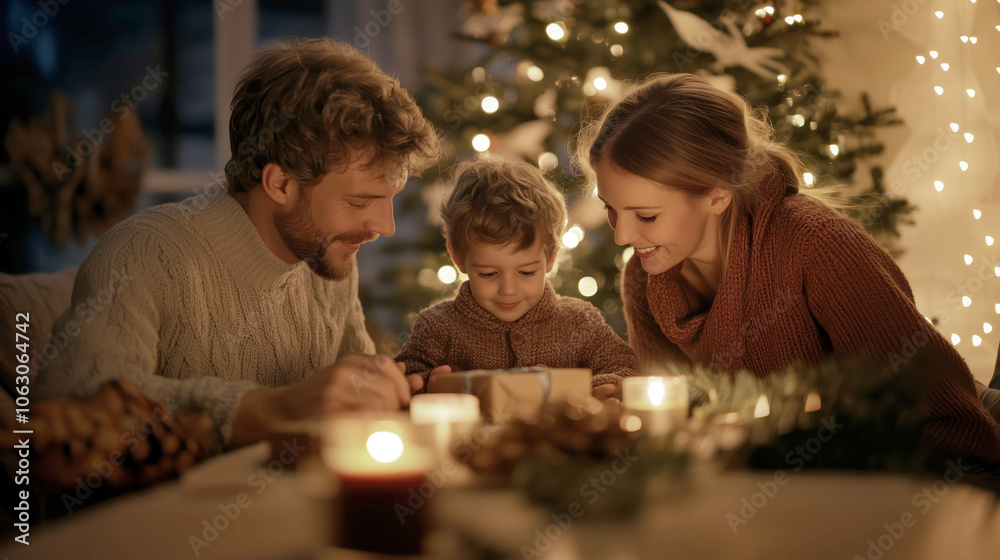 Family creating holiday memories by the Christmas tree Family creating holiday memories by the Christmas tree