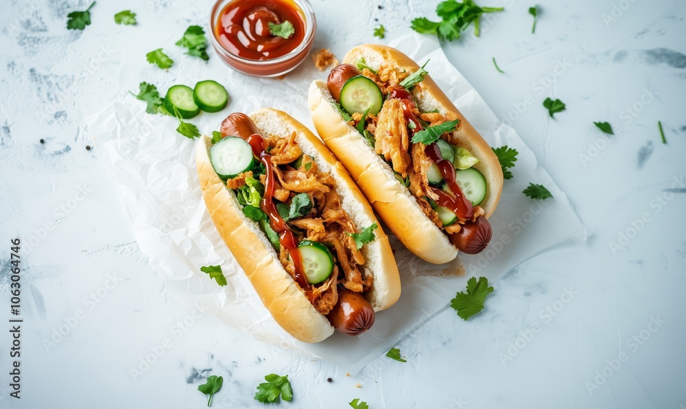 Delicious hot dogs topped with savory pulled chicken and fresh vegetables served on a light background Delicious hot dogs topped with savory pulled chicken and fresh vegetables served on a light background