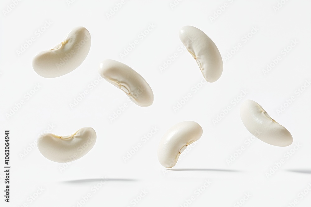 Floating white kidney beans isolated against a white background. Perfect for concepts related to healthy food, plant-based protein, and vegetarian diets. Floating white kidney beans isolated against a white background. Perfect for concepts related to healthy food, plant-based protein, and vegetarian diets.