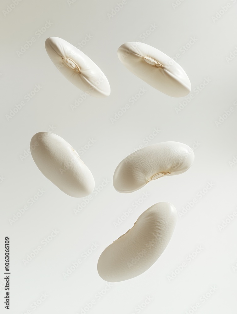 Floating white kidney beans isolated against a white background. Perfect for concepts related to healthy food, plant-based protein, and vegetarian diets. Floating white kidney beans isolated against a white background. Perfect for concepts related to healthy food, plant-based protein, and vegetarian diets.